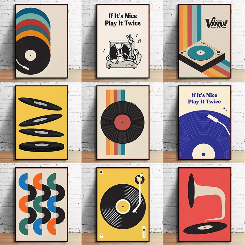 Home Office Youtube - Mid-Century Vinyl-Schallplatten-Leinwand-Wandkunstdruck, ungerahmtes minimalistisches Musik-Pastell-Poster für