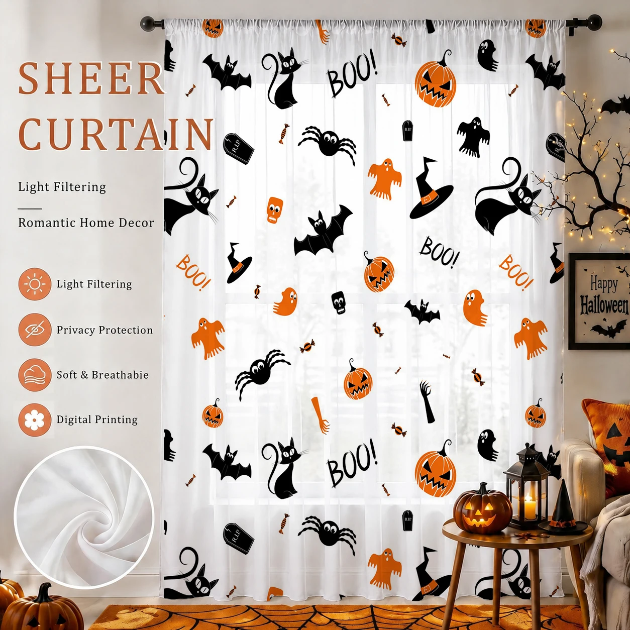 Home Office Youtube - Halloween-Festival Transparenter Vorhang, Hochwertige Lichtreduzierende Sichtschutz-Voile