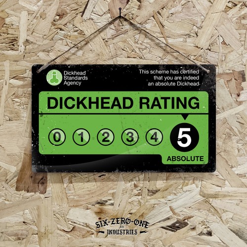 Dickhead-Rating-Metallschild.  – Home Office Rate Bewertung und Preis